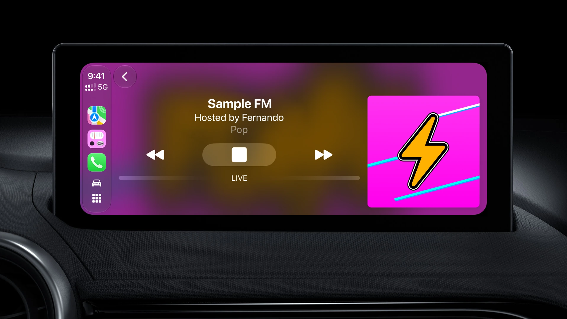 Fernando's now-playing screen running on a CarPlay dashboard display